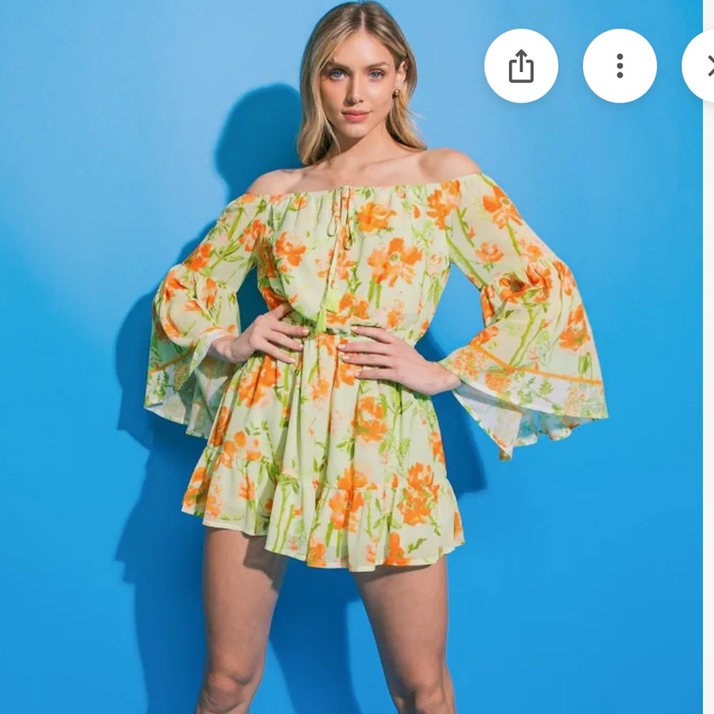 FLYING TOMATO LIGHT GREEN OFF THE SHOULDER FLORAL ROMPER. SIZE LARGE.